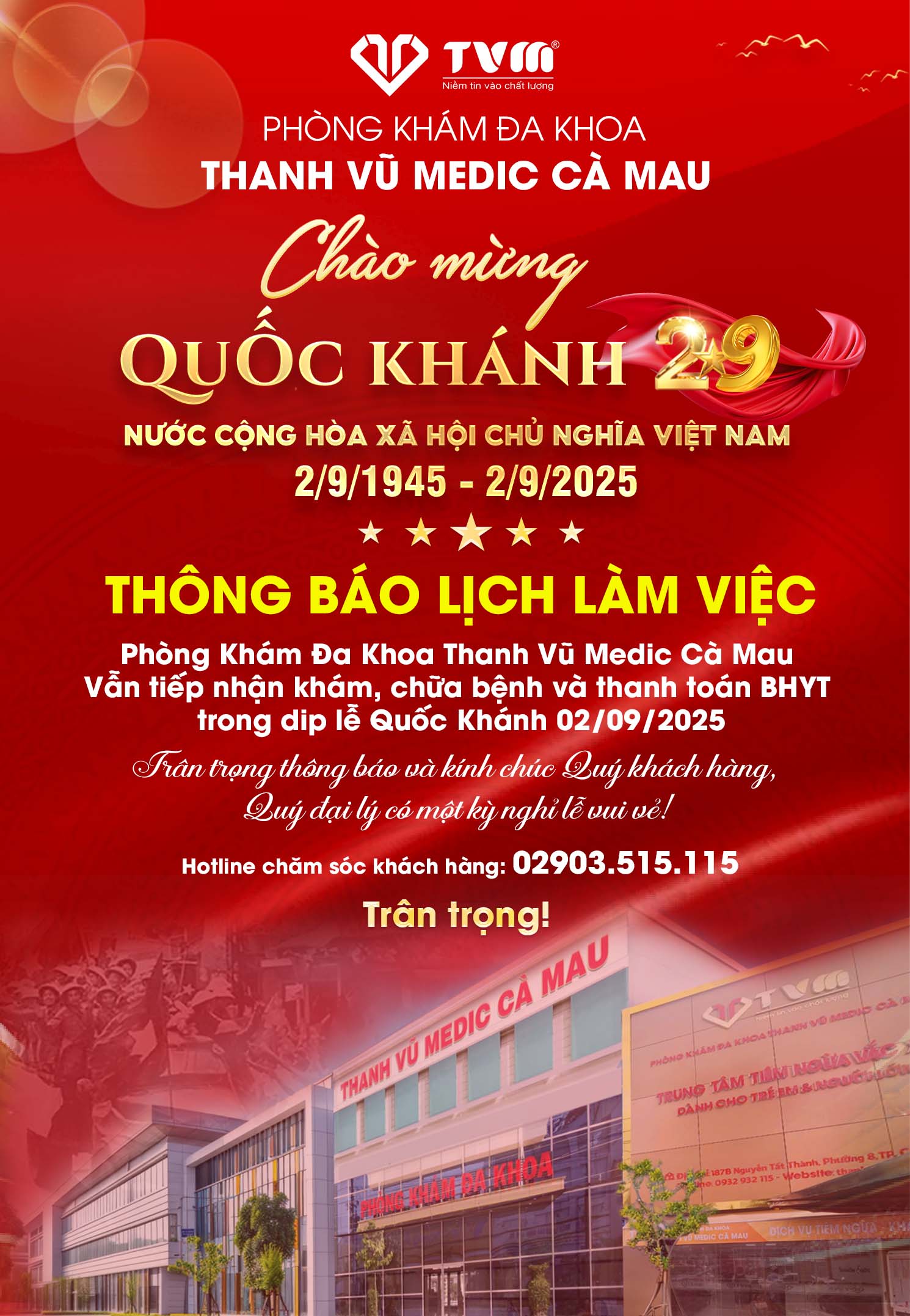 THÔNG BÁO LỊCH LÀM VIỆC PHÒNG KHÁM ĐA KHOA THANH VŨ MEDIC CÀ MAU NGÀY LỄ QUỐC KHÁNH 02/09